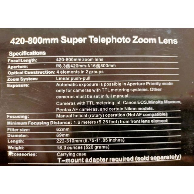 アプテカ (Opteka) 420-800mm f/8.3 HD望遠ズームレンズ 5
