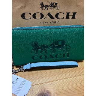 コーチ(COACH)の長財布 グリーン 馬車 アウトレット COACH コーチ レッド ストラップ(長財布)