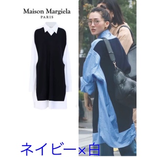 マルタンマルジェラ(Maison Martin Margiela)のメゾンマルジェラ　splicedオーバーサイズニットシャツドレス綾瀬はるかXXS(ひざ丈ワンピース)