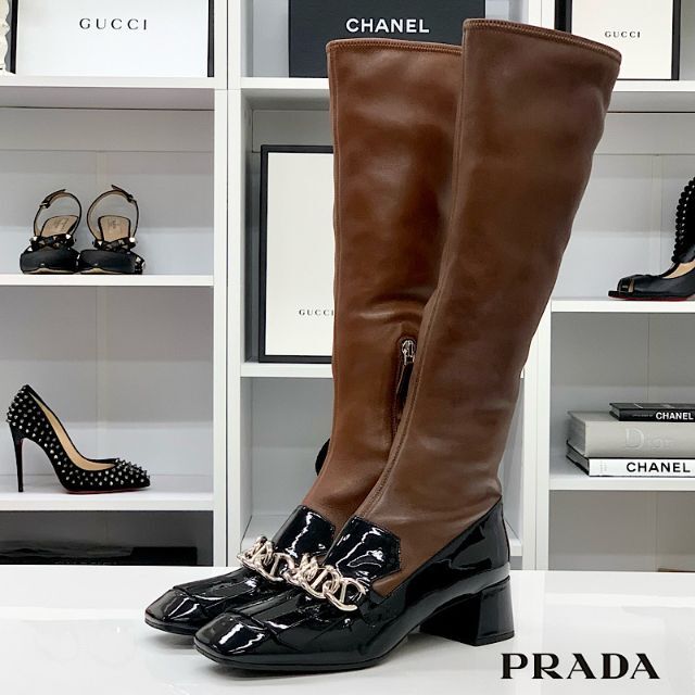 PRADA - 5206 プラダ レザー パテント フリンジ チェーン ロングブーツ