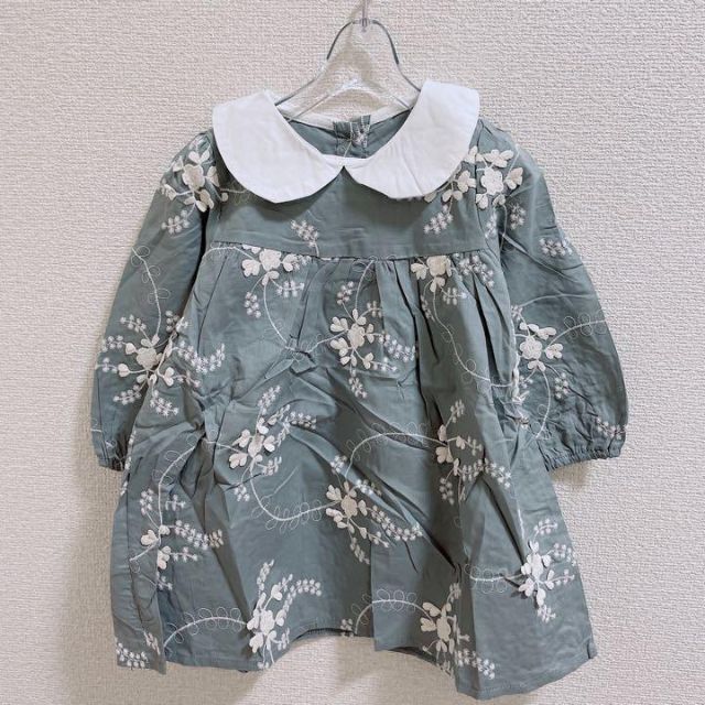 ♡ワンピース♡　花柄　刺繍　長袖　ブラウス　ビッグカラー　レース　韓国　90cm キッズ/ベビー/マタニティのキッズ服女の子用(90cm~)(ワンピース)の商品写真