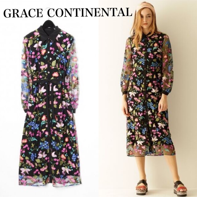 GRACE CONTINENTAL(グレースコンチネンタル)のGRACE CONTINENTAL チュール刺繍シャツワンピース レディースのワンピース(ロングワンピース/マキシワンピース)の商品写真