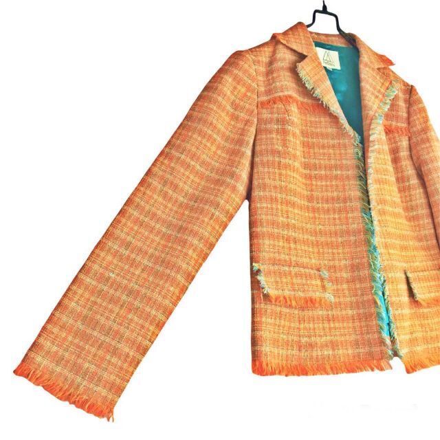 ヴィンテージ ツイードジャケットフリンジ カラフル 羽織 個性的 一点物 古着 レディースのジャケット/アウター(テーラードジャケット)の商品写真
