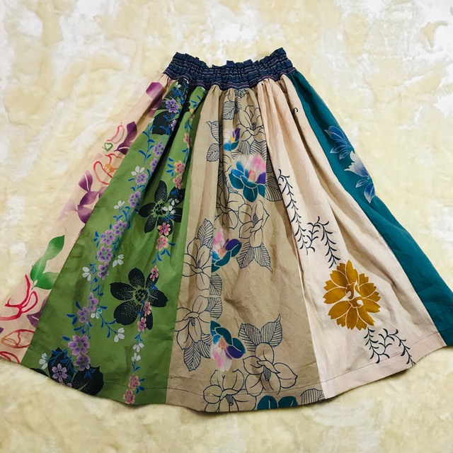 546 スカート　椿　手ぬぐい　手拭い　リメイク　ハンドメイド　花　古布 5