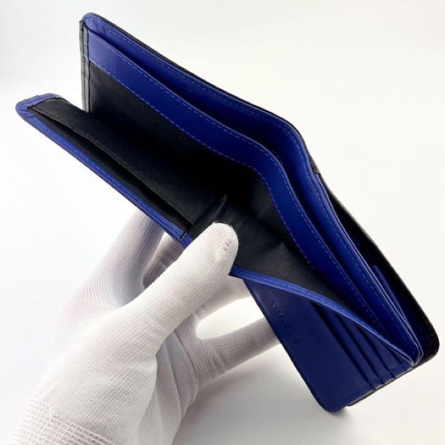 二つ折り 財布 メンズ 本革 カード15枚収納 ボックス型小銭入れ 黒 青 メンズのファッション小物(折り財布)の商品写真