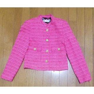 ザラ(ZARA)のZARA ツイードジャケット ピンク XS 美品(ノーカラージャケット)