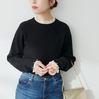 ナチュラルクチュール(natural couture)のnatural couture パール付きフリルリブニット(ニット/セーター)