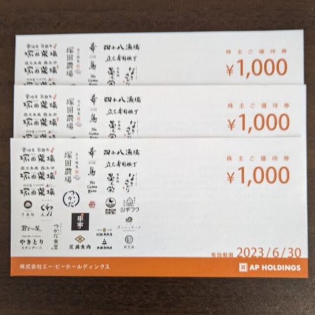 エーピーホールディングス 株主優待 3000円分 チケットの優待券/割引券(レストラン/食事券)の商品写真