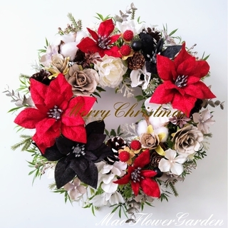 赤と黒のベルベットのポインセチアのリース  クリスマスリース ハンドメイド 造花(リース)