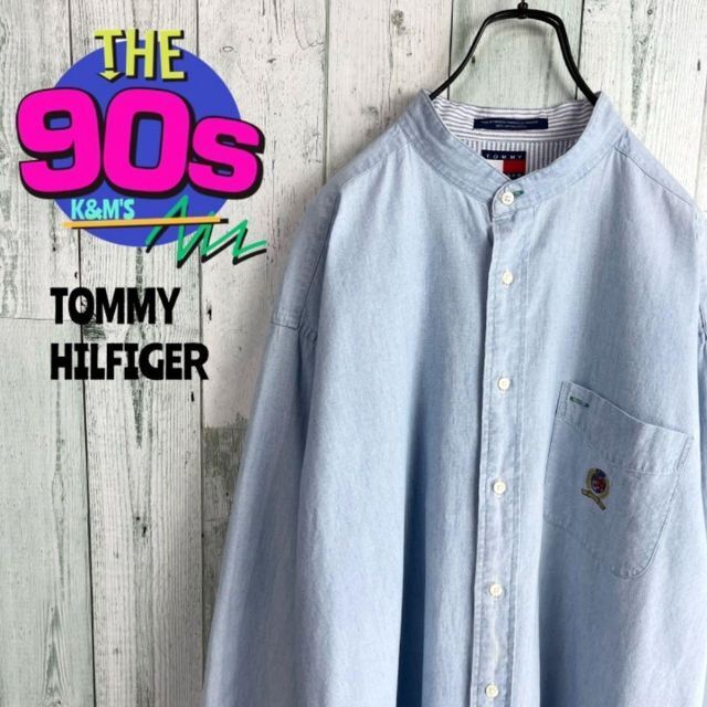 90's トミーヒルフィガー 月桂樹ロゴ刺繍 ノーカラーデニムシャツ - シャツ