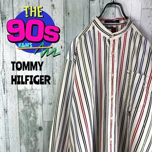 90's トミーヒルフィガー  フラッグロゴ刺繍　ノーカラーストライプシャツ