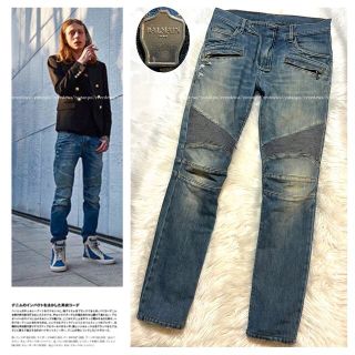 バルマン(BALMAIN)の本物 雑誌掲載 バルマンオム 蛇腹  バイカー デニムパンツ ジーンズ 28 青(デニム/ジーンズ)