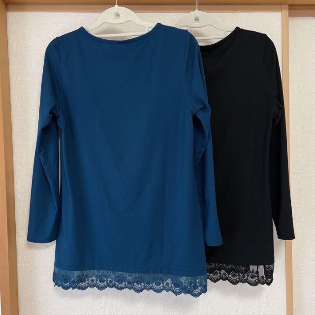 cecile(セシール)の長袖 カットソー 裾レース LL ブルー ブラック 2枚セット まとめ売り レディースのトップス(Tシャツ(長袖/七分))の商品写真