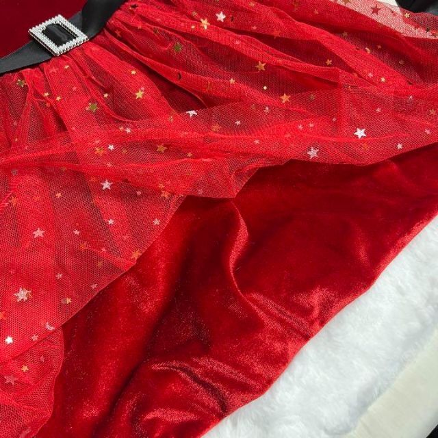 クリスマス サンタ 女の子 衣装 ワンピース チュールスカート ベロア コスプレ キッズ/ベビー/マタニティのキッズ服女の子用(90cm~)(ワンピース)の商品写真