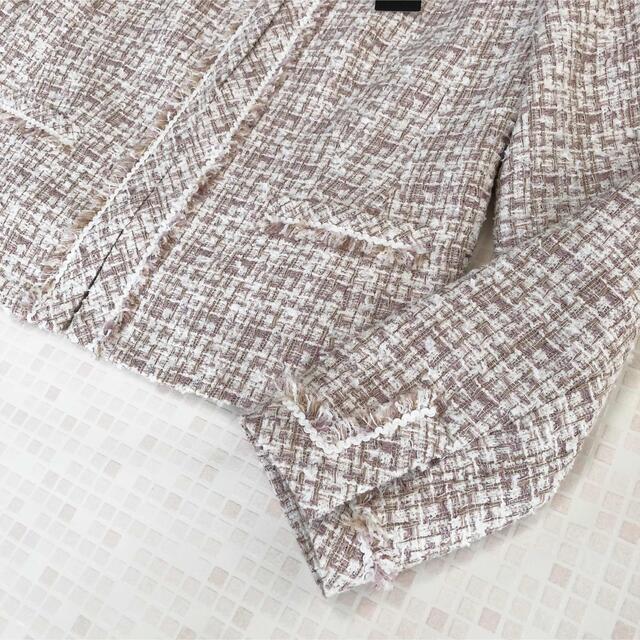 【新品】ミッシェルクラン ツイード スカートスーツ ノーカラージャケット ピンク