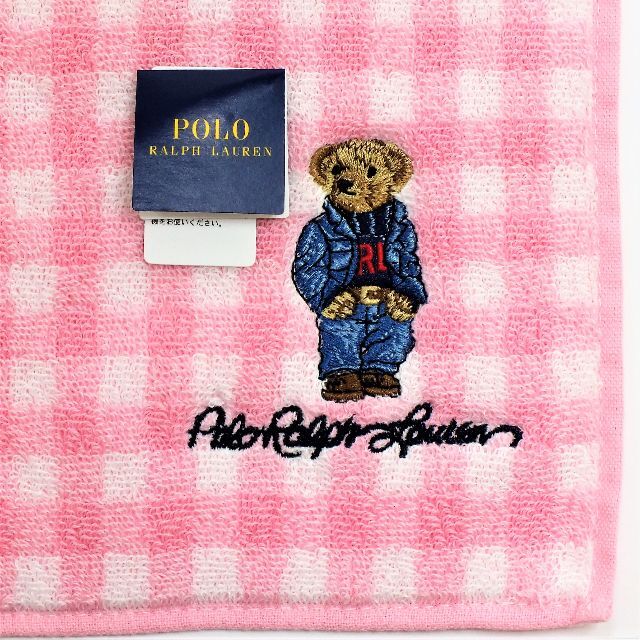 POLO RALPH LAUREN(ポロラルフローレン)のポロベア「デニムセットアップ柄」ラルフローレンタオルハンカチ1700円白桃ギンガ レディースのファッション小物(ハンカチ)の商品写真