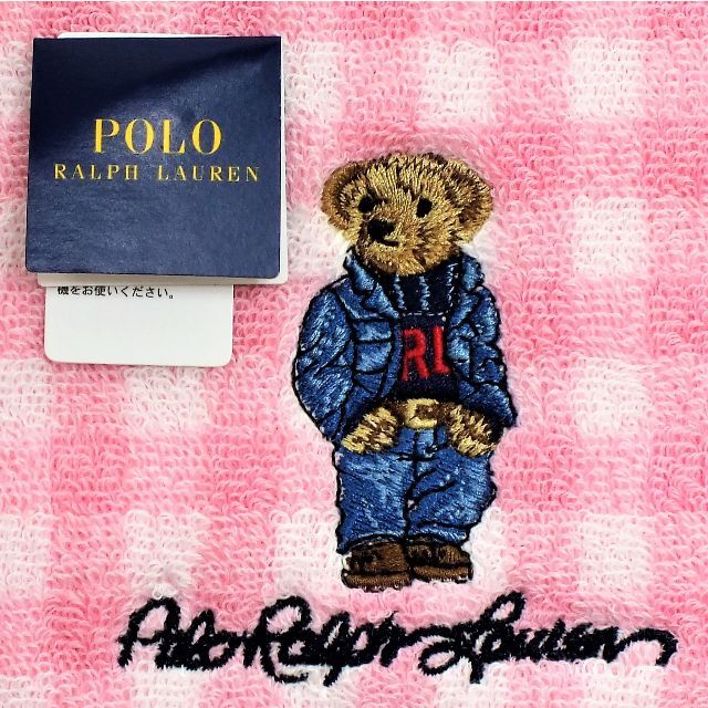 POLO RALPH LAUREN(ポロラルフローレン)のポロベア「デニムセットアップ柄」ラルフローレンタオルハンカチ1700円白桃ギンガ レディースのファッション小物(ハンカチ)の商品写真