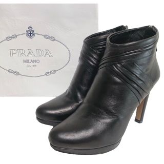 プラダ(PRADA)のPRADA クロスデザイン レザー ショートブーツ ブラック イタリア製 37(ブーツ)