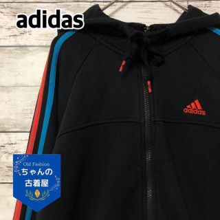 アディダス(adidas)の90s アディダス フルジップパーカー メンズM 刺繍ロゴ サイドライン 黒(パーカー)