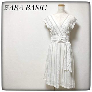 ザラ(ZARA)のZARA BASICザラベーシック✨ワンピース フレア ストライプ S ホワイト(ひざ丈ワンピース)