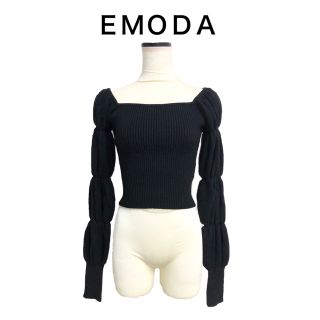 エモダ(EMODA)のEMODA シャーリングスリーブニット オフショル Fサイズ ブラック トップス(ニット/セーター)