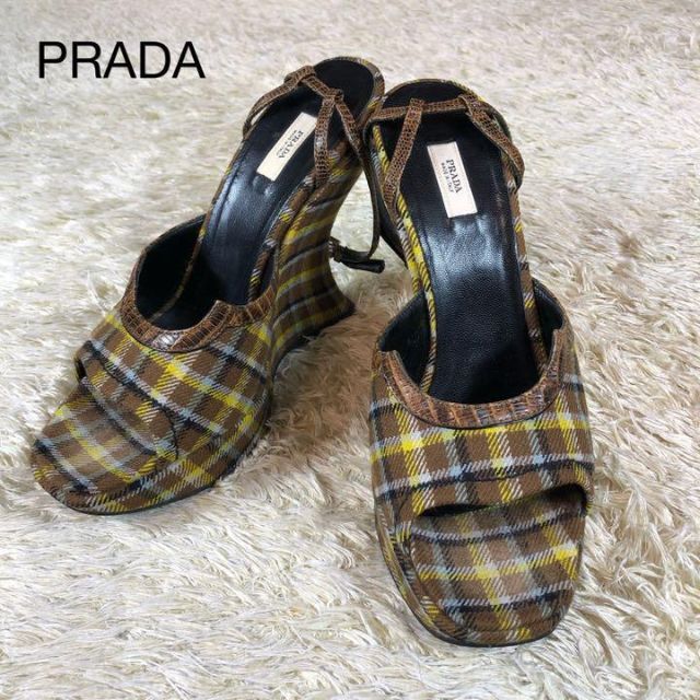 単品販売/受注生産 極美品 プラダ サンダル 23.5 チェック柄