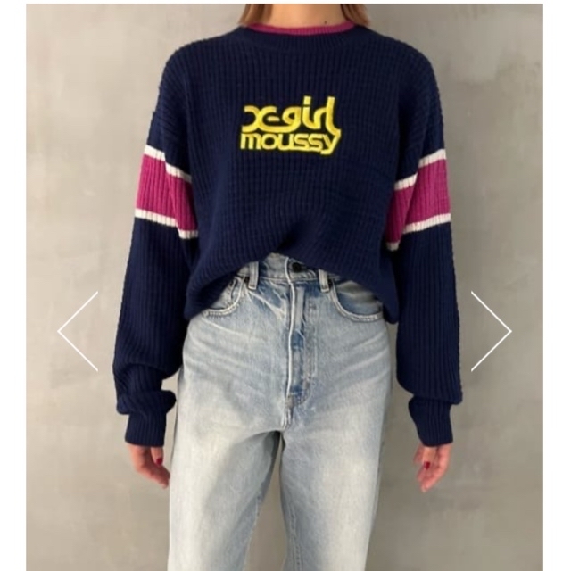 moussy(マウジー)のMOUSSY×X-girlコラボ♡XG LOGO LINE KNIT トップス紺 レディースのトップス(ニット/セーター)の商品写真