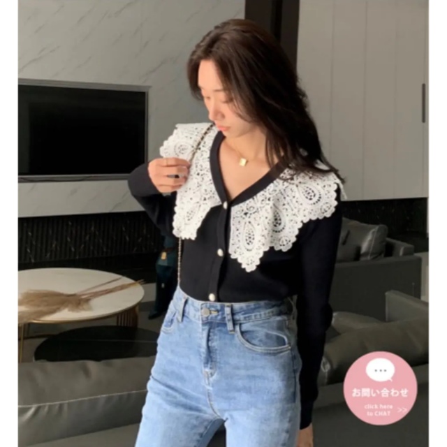 新品♡ バースデーバッシュ 白レースカラー Vネック カーディガン 黒 新品♡ バースデーバッシュ 白レースカラー Vネック カーディガン 黒