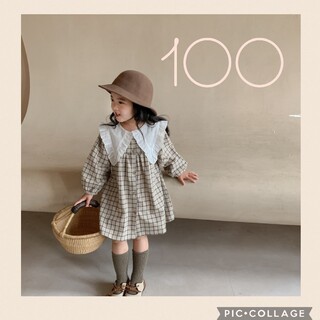 ビッグフリル襟　チェックワンピース　韓国子供服　インポート子供服　キッズ　100(ワンピース)
