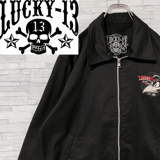 LUCKY13(ラッキーサーティーン)の【美品】激レア lucky13 ラッキー13 前後ロゴ ブラック ブルゾン M メンズのジャケット/アウター(ブルゾン)の商品写真