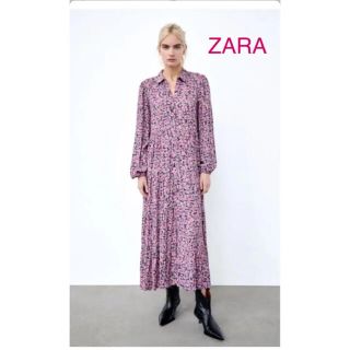 ザラ(ZARA)の新品 ZARA ザラ フラワー柄ロングワンピース 花柄 ピンク Ｌ(ロングワンピース/マキシワンピース)