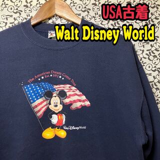 ディズニー WALT DISNEY WORLD スウェット シャツ トレーナー ミッキーマウス 星条旗 ワッペン 長袖 サイズ：L ネイビー