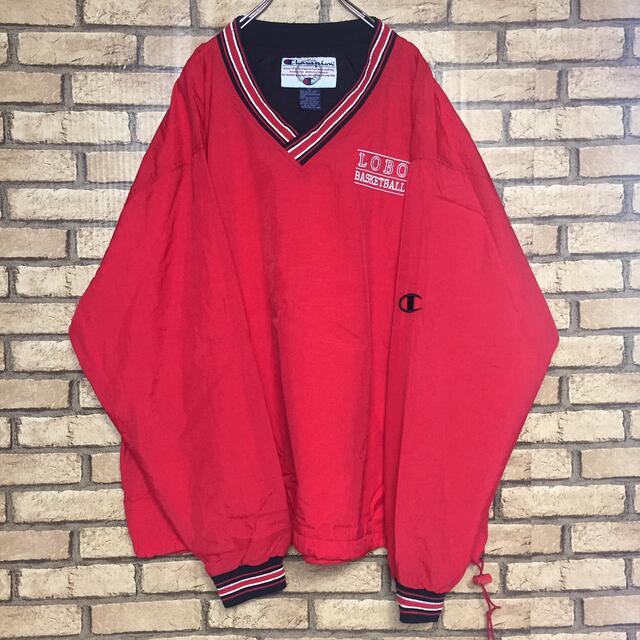 チャンピオン 90s ナイロンプルオーバー ロゴ刺繍 NCAA XL 赤 古着