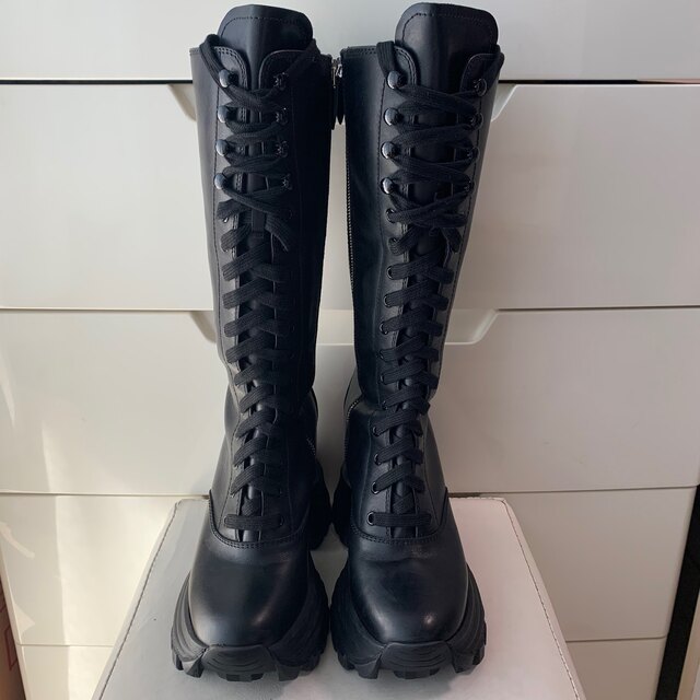 定価16.6万 ミュウミュウ ブラックレザー レースアップ 厚底 ロング