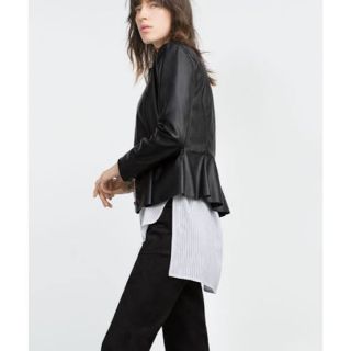 ZARA フリルレザーライダースジャケット　ブラック