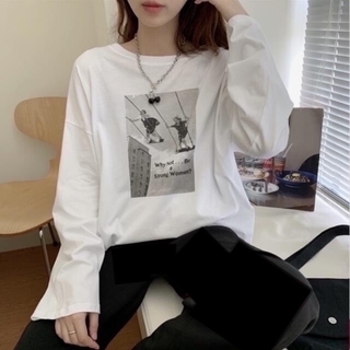 ホワイト カートゥーン 長袖 Ｔシャツ 韓国 ファッション(Tシャツ(長袖/七分))