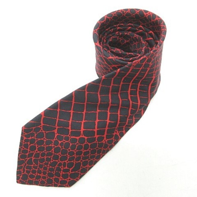 ネクタイ レギュラータイ クロコ柄 総柄 シルク イタリア製 ブラック×レッド