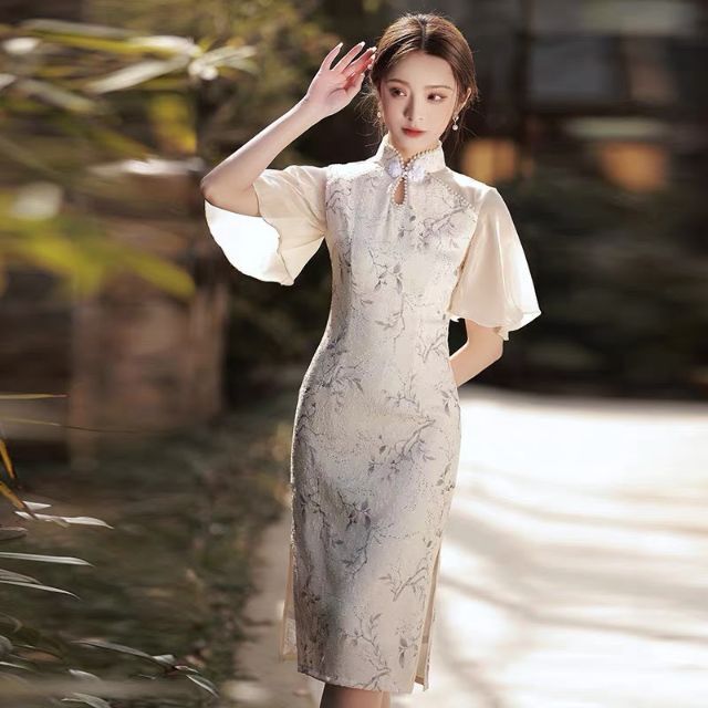 新品【M】チャイナドレス　ワンピース　パール　ホワイト　刺繍