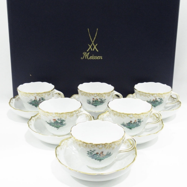 Meissen マイセン ワトーグリーン カップ＆ソーサー 計6客 箱付き  食器 陶磁器 恋人 金彩 テーブルウェア【送料無料】