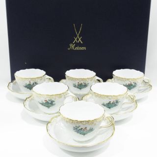 マイセン(MEISSEN)のMeissen マイセン ワトーグリーン カップ＆ソーサー 計6客 箱付き  食器 陶磁器 恋人 金彩 テーブルウェア【中古】【送料無料】(食器)