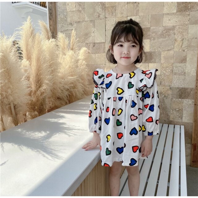 韓国　可愛い　フリル袖　ハート柄　ワンピース キッズ/ベビー/マタニティのキッズ服女の子用(90cm~)(ワンピース)の商品写真