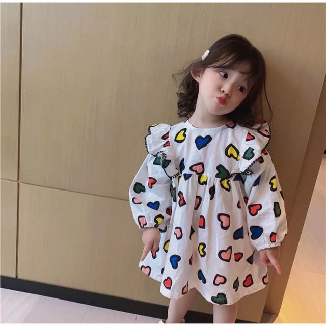 韓国　可愛い　フリル袖　ハート柄　ワンピース キッズ/ベビー/マタニティのキッズ服女の子用(90cm~)(ワンピース)の商品写真