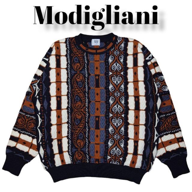 90s Modigliani 良デザイン Wool100 総柄 ニットセーター - ニット