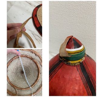 1点物 vintage ハンドメイド アフリカン 民族帽 レザー × 麦藁ハットの