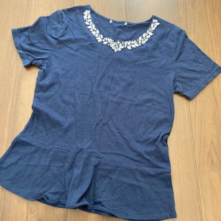 半袖カットソー　Tシャツ　ペプラム　紺　青　ビジュー　綺麗め(Tシャツ(半袖/袖なし))