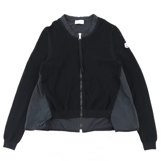 美品 モンクレール ナイロン切替ニットカーディガン ジャケット レディース 黒 S ジップアップ ロゴ MAGLIA TRICOT CARDIGAN MONCLER