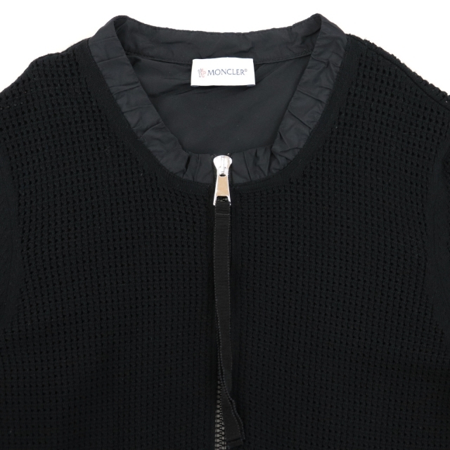 美品 モンクレール ナイロン切替ニットカーディガン ジャケット レディース 黒 S ジップアップ ロゴ MAGLIA TRICOT CARDIGAN MONCLER