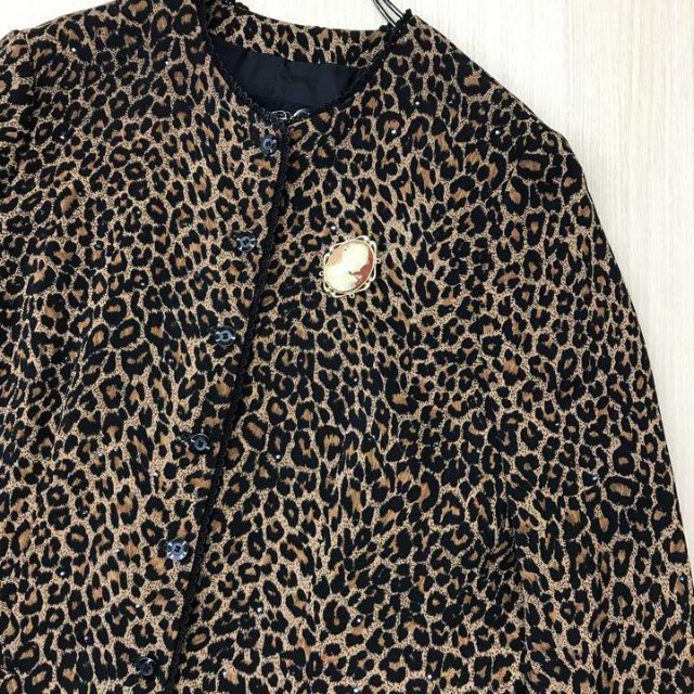 美品 伊太利屋 ITALIYA ノーカラー ヒョウ柄 ビーズ コート-