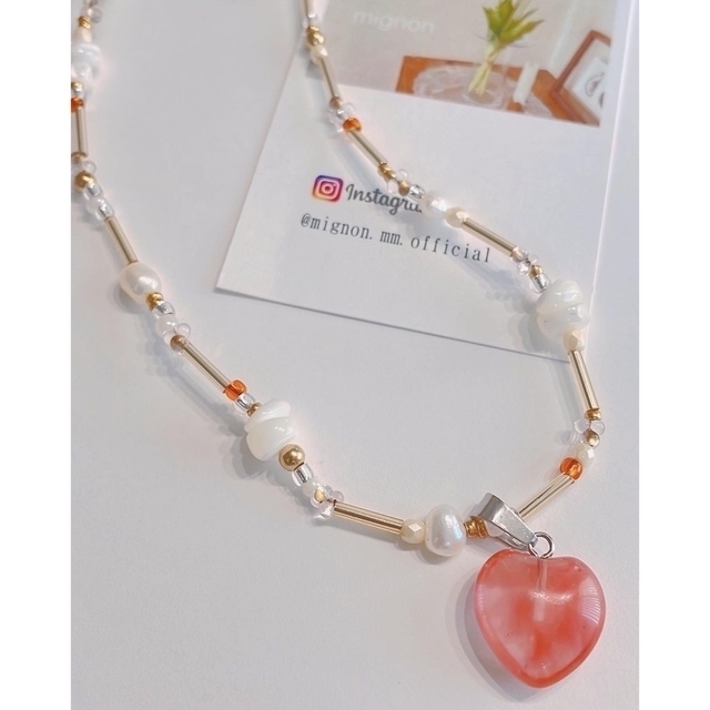 Kastane(カスタネ)のno.131新作peach Heart beadsnecklace ハンドメイドのアクセサリー(ネックレス)の商品写真