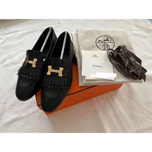 靴/シューズエルメス モカシンロワイヤル 黒 35★hermes HERMES